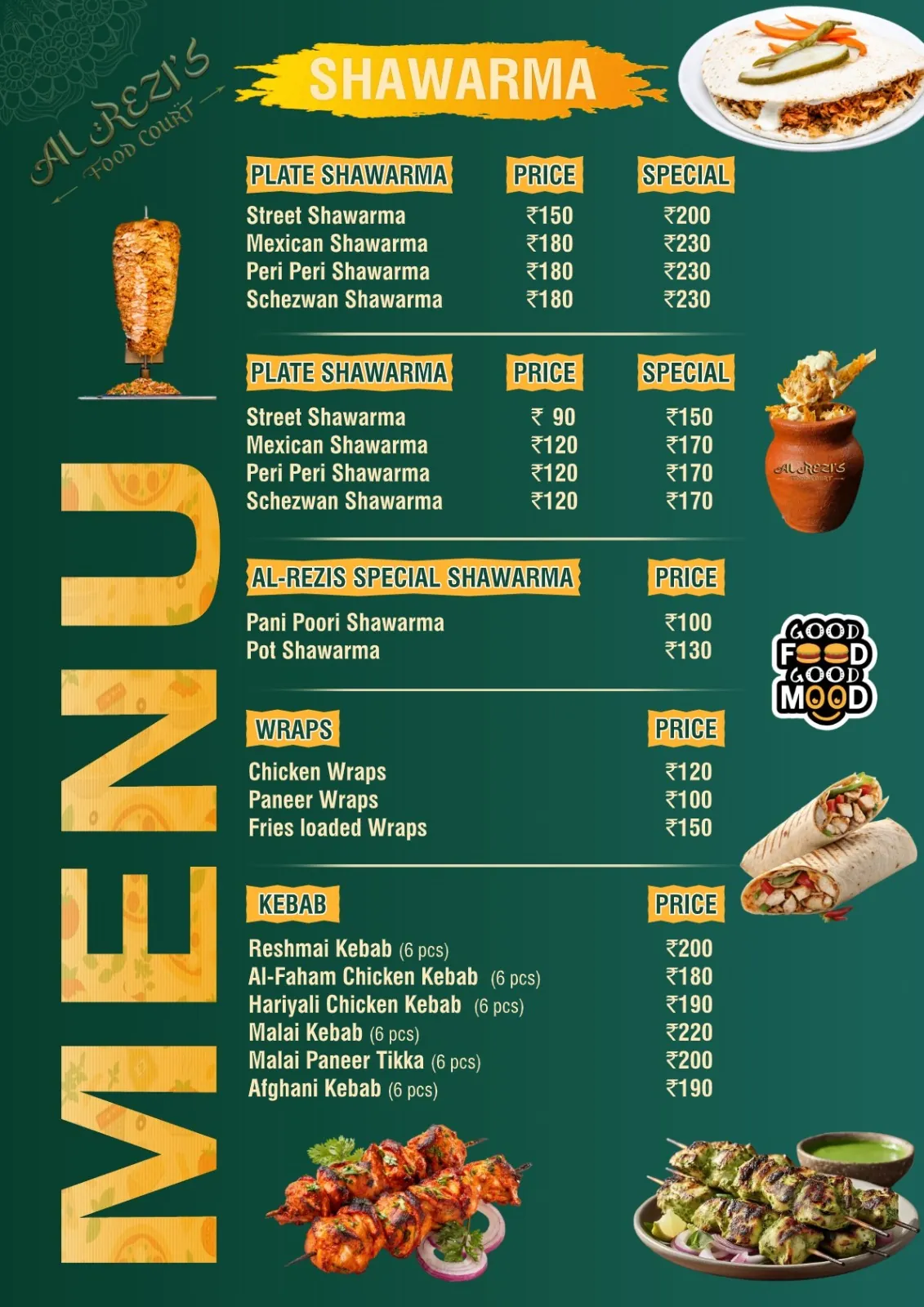 Al Rezi's Food Court printed menu card, page 2