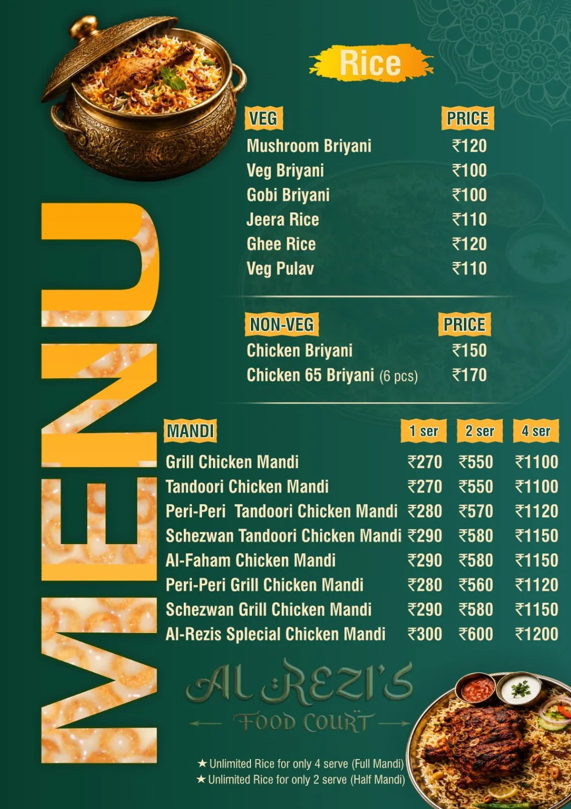 Al Rezi's Food Court printed menu card, page 3