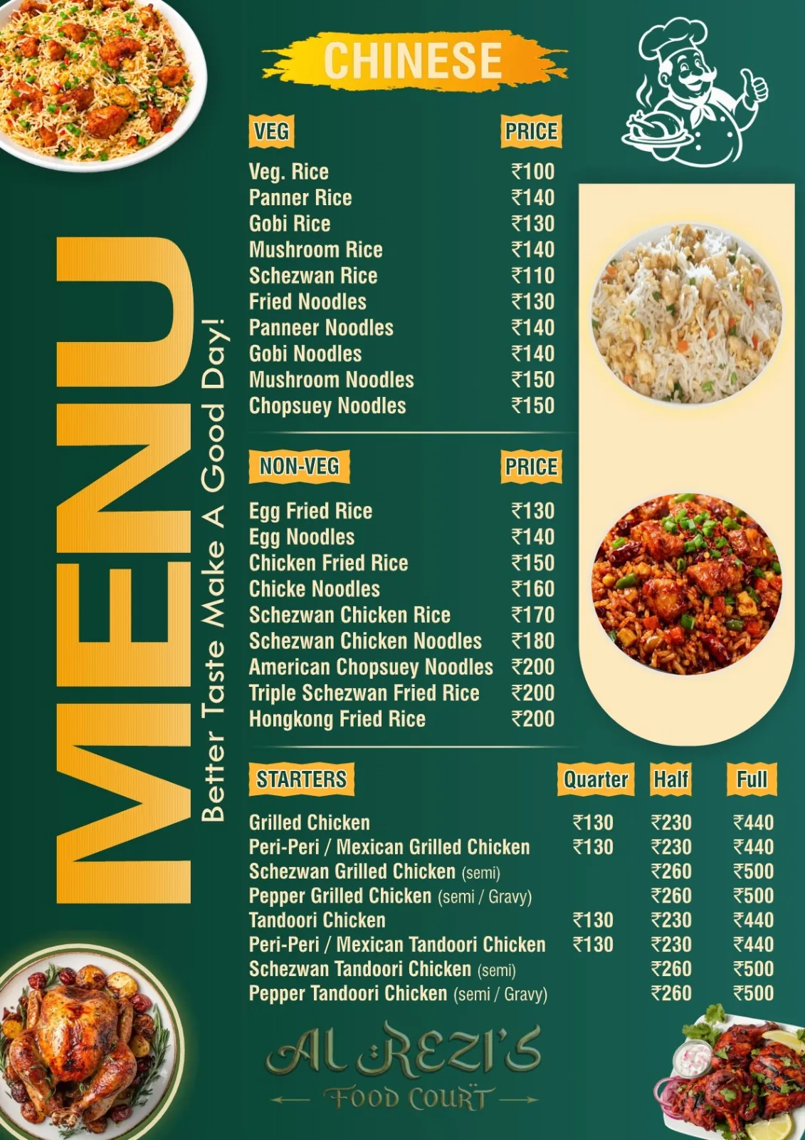 Al Rezi's Food Court printed menu card, page 4