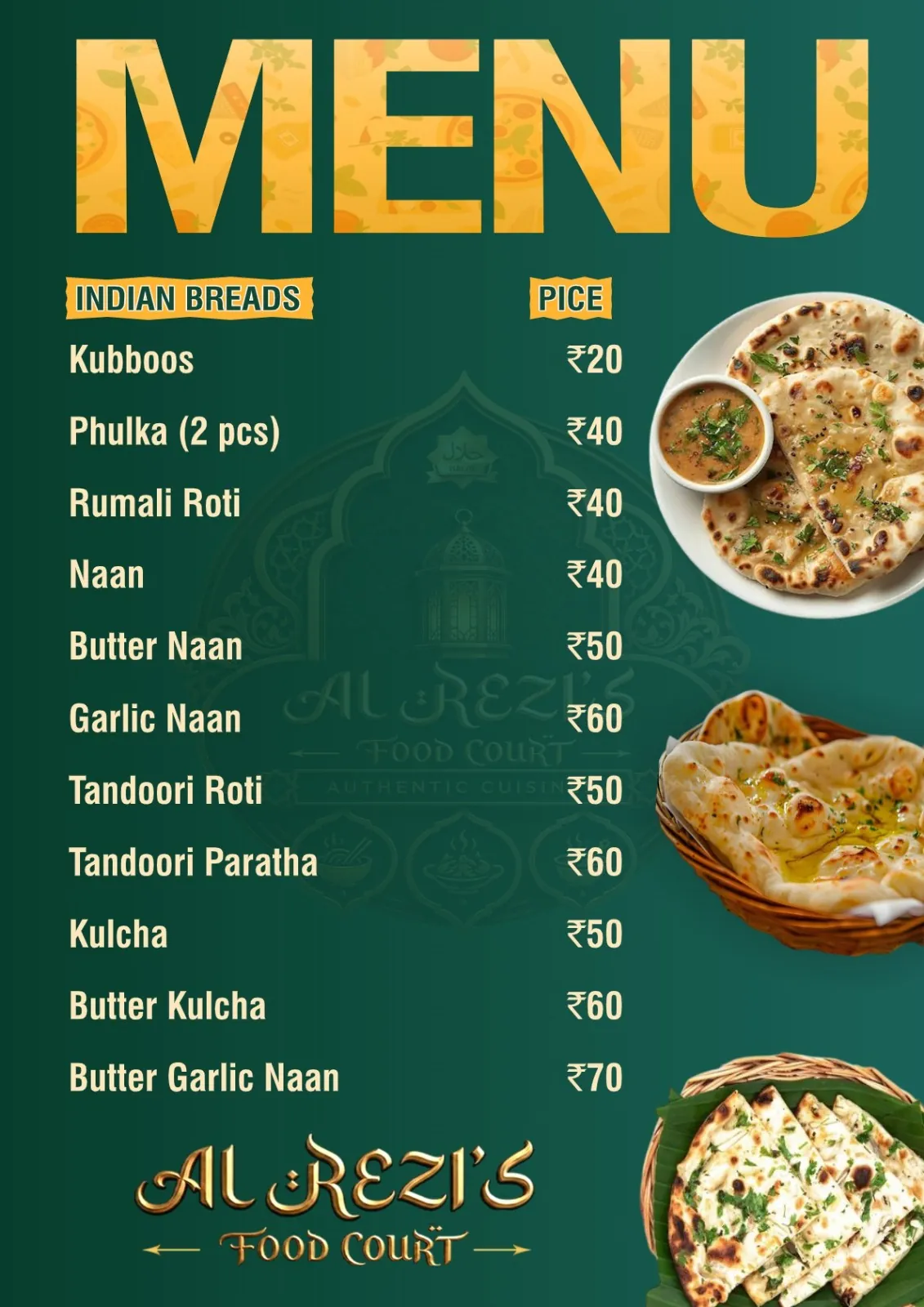 Al Rezi's Food Court printed menu card, page 6
