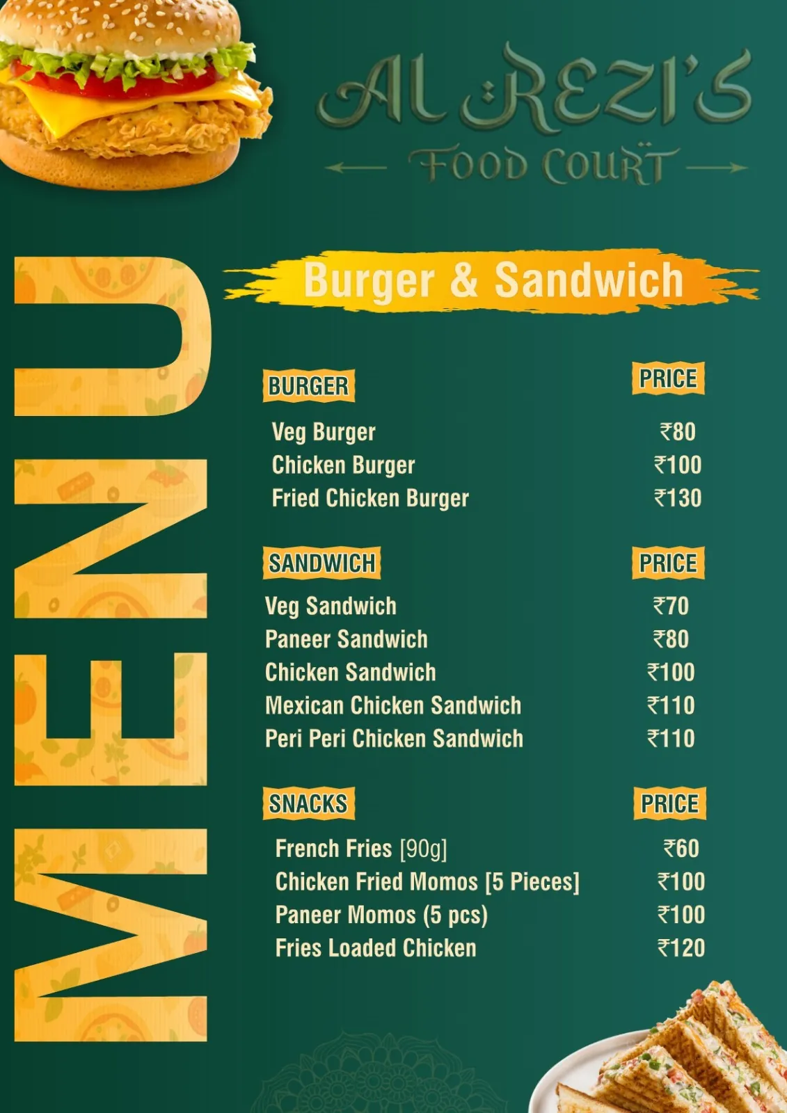 Al Rezi's Food Court printed menu card, page 8