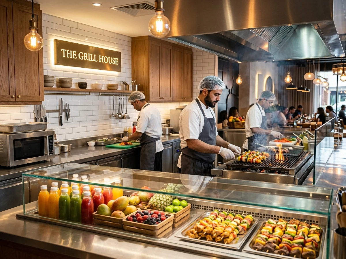 Live food court cooking and beverage counter