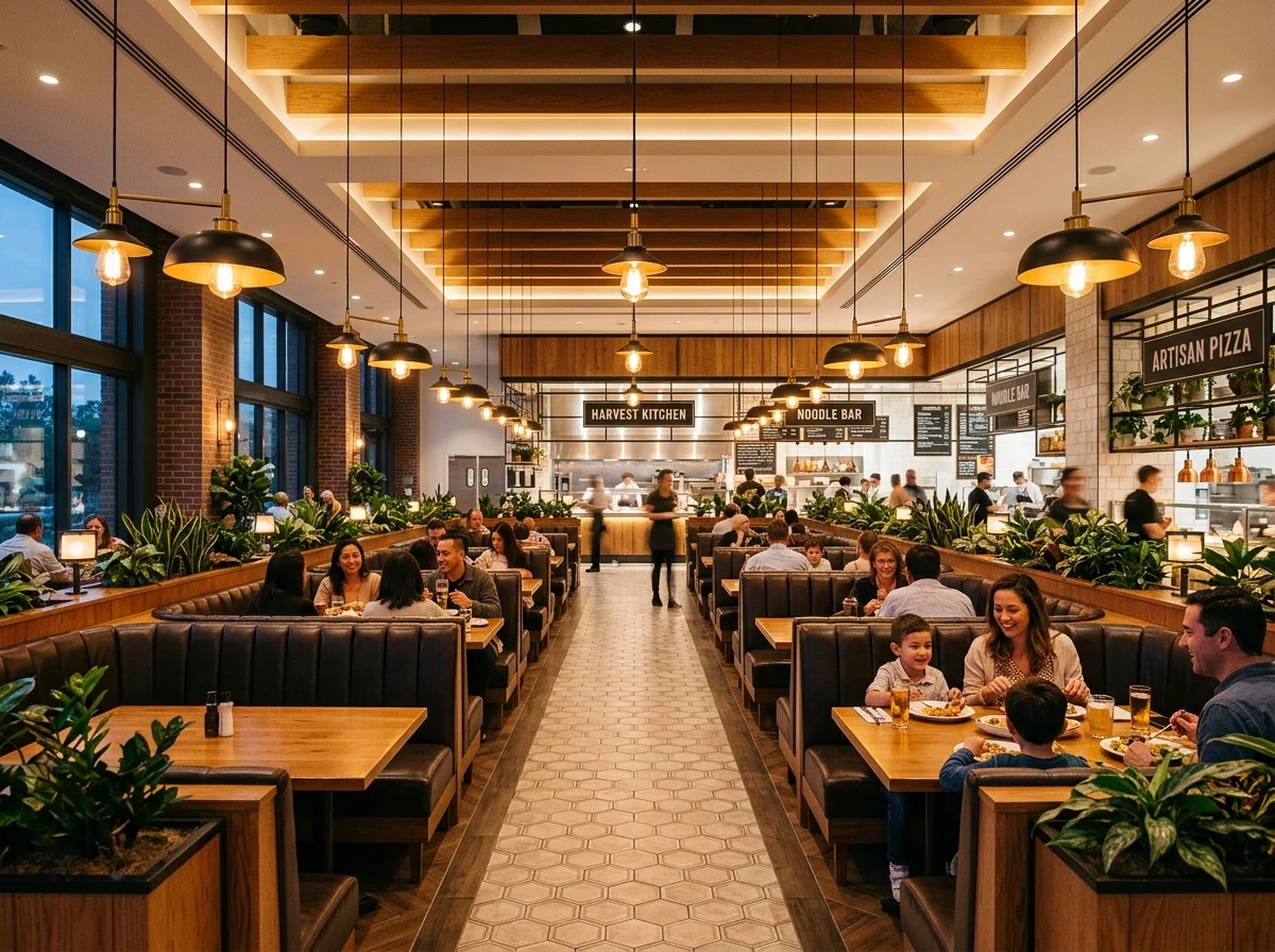Al Rezi's Food Court main dining hall with comfortable booths
